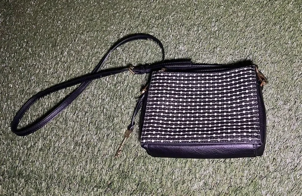 Fossil Black White Geometric Shoulder Bag Key Charm Zip Closure Inner Pockets
